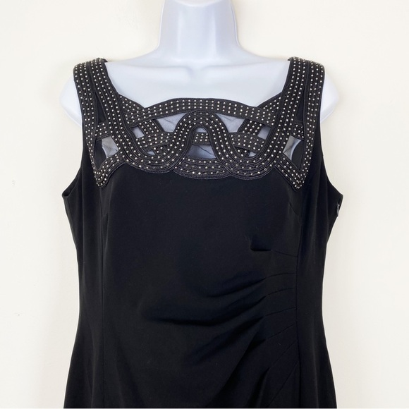 TAHARI ASL Black Full Length Gown Mesh Embellished Neckline Ruching Size 10 - Picture 2 of 6